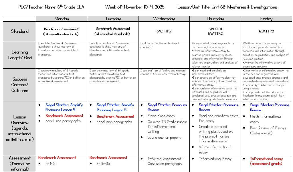 ELA Lesson Plans Nov 10 - 14