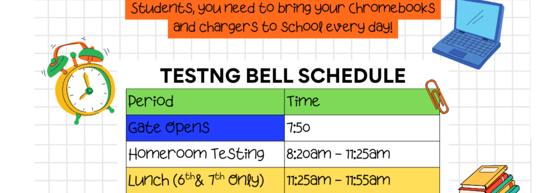 A colorful schedule poster detailing the school bell times and instructions for students.