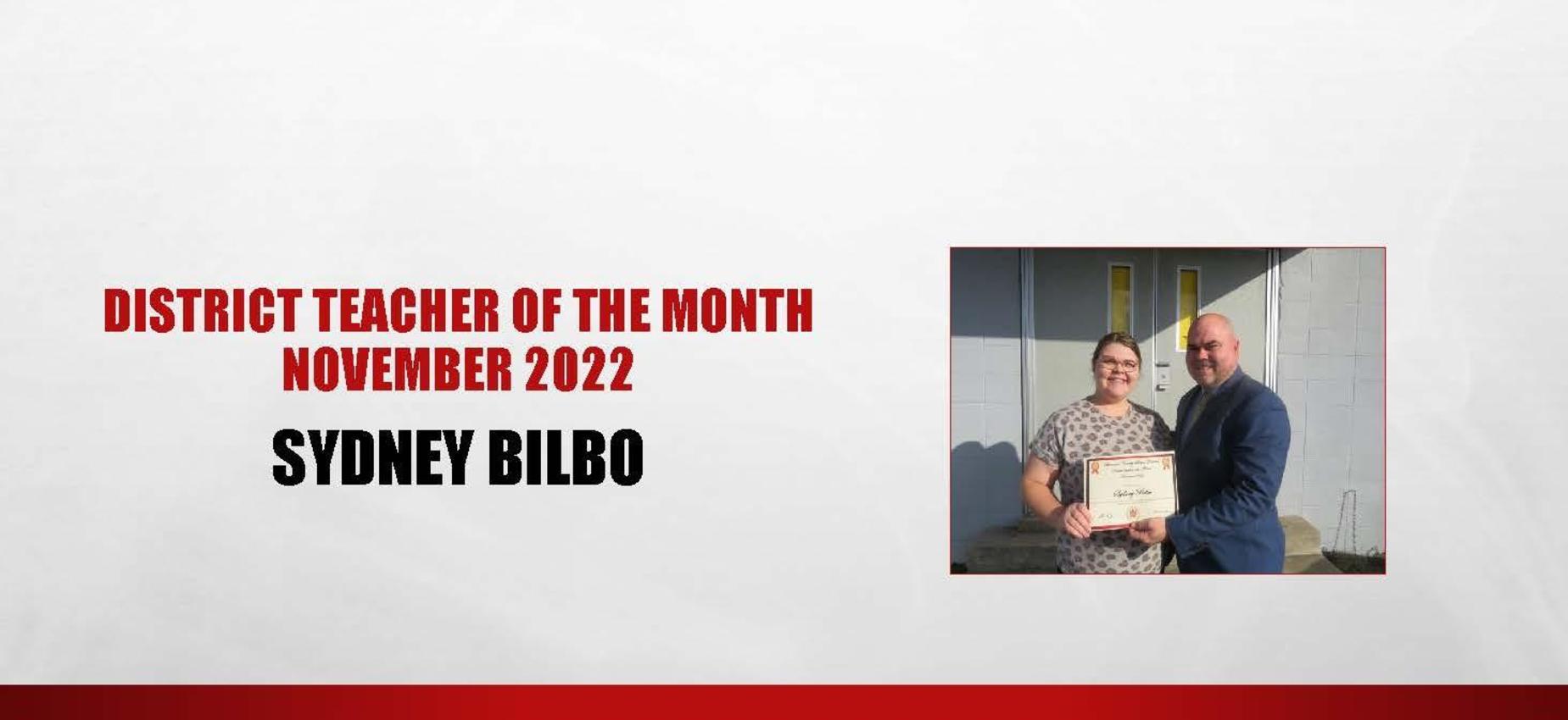 District Teacher of the Month November 2022 Sydney Bilbo