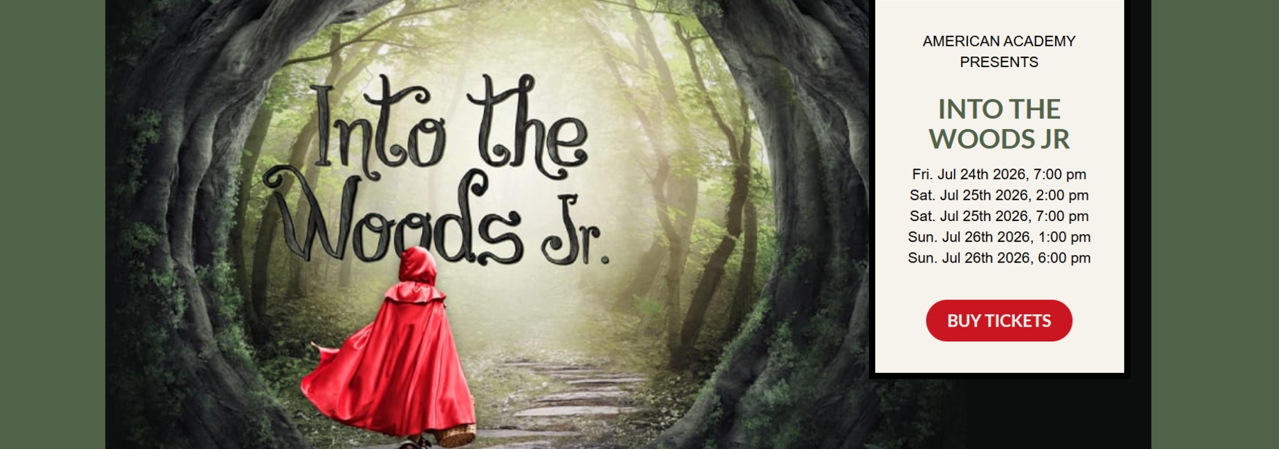 A girl in a red cape stands in a forest path with event details on the side.