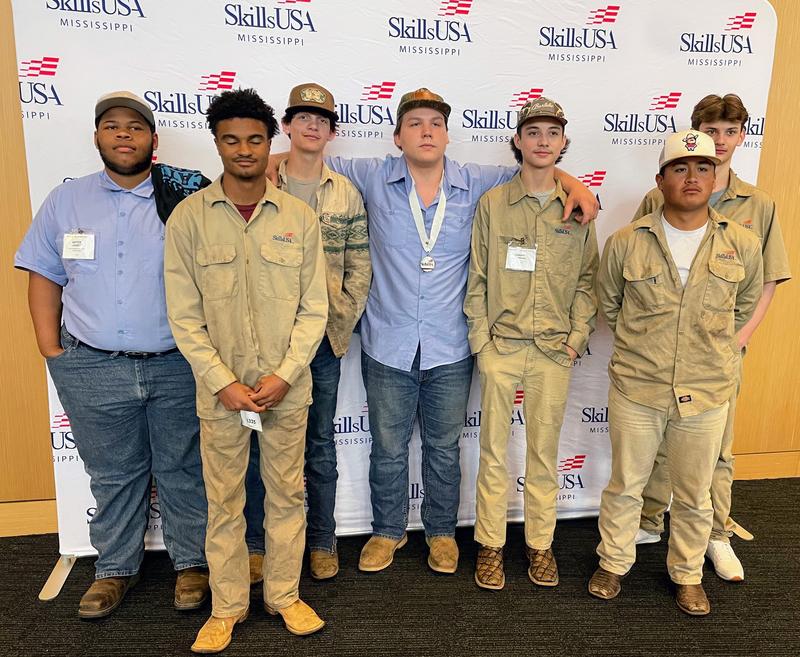 Pictured: Aryick Rockett-Automotive Maintenance and LIght Repair; Rhidyn Williams-Welding Fabrication; Parker McMullin-Welding Fabrication; Lane Tubby-Motorcyle Repair-2nd Place Winner; Carsyn Rosamond-Welding Fabrication; Eric Lopez-Welding Structural; William Abels-Residential Wiring