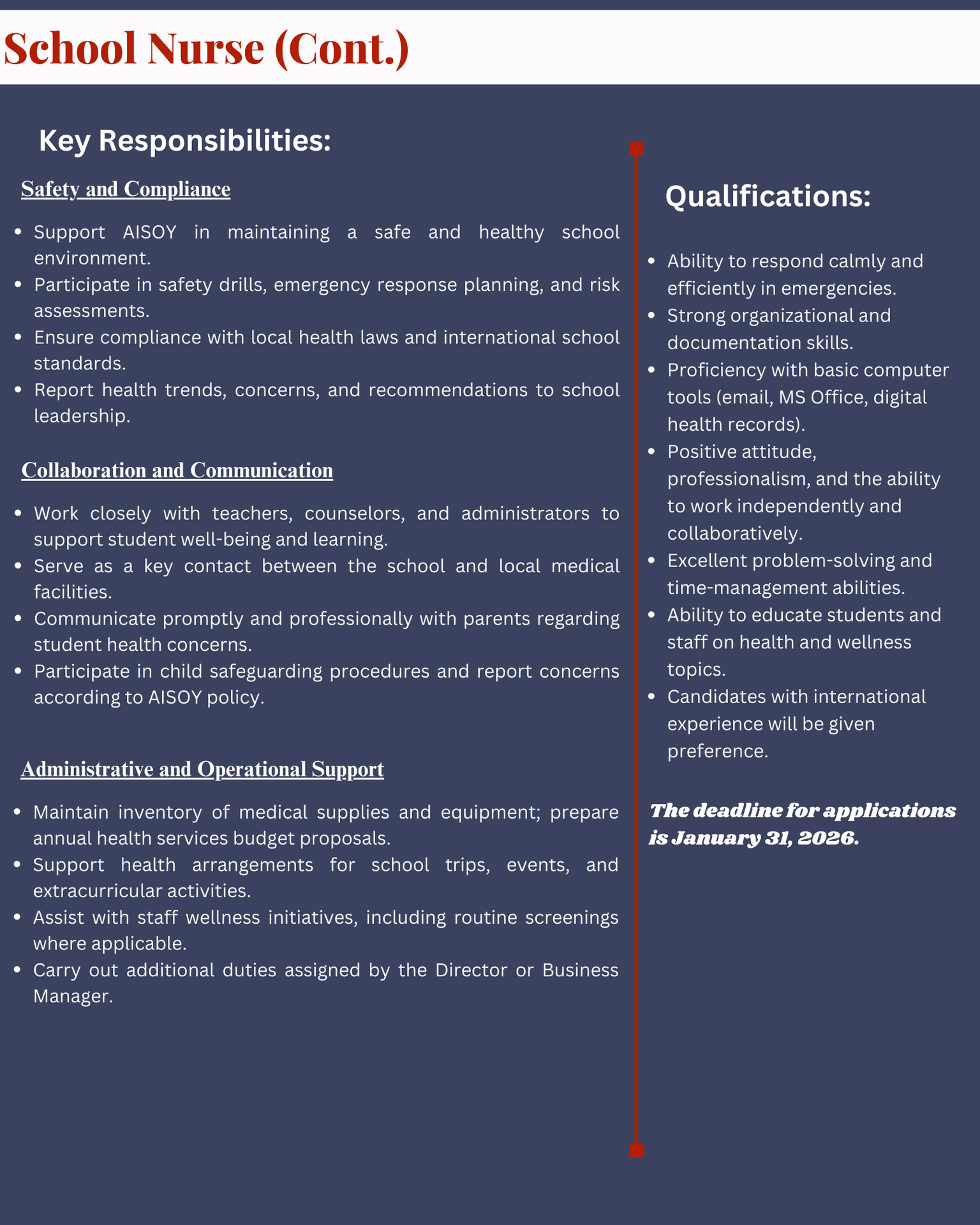 COntinuation for School nurse position