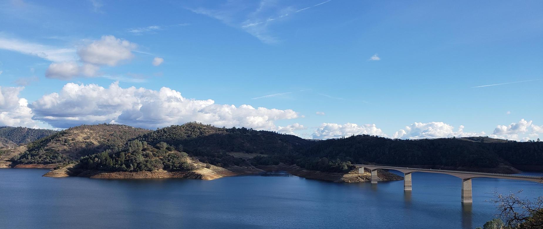 large lake with a bridge