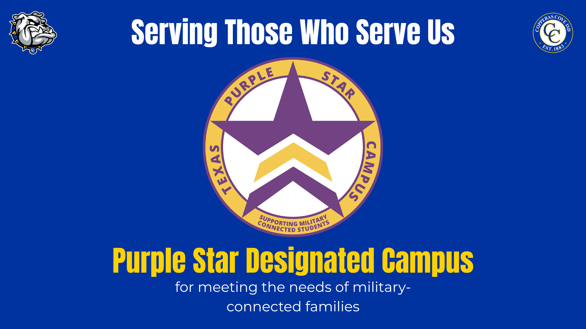 Logo with a military support theme, highlighting a Purple Star Designated Campus.