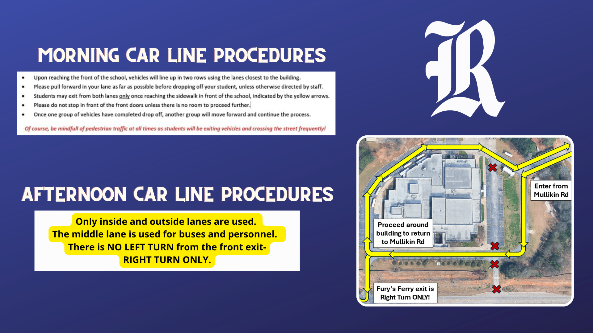 Guidelines for morning and afternoon car line procedures at a school.