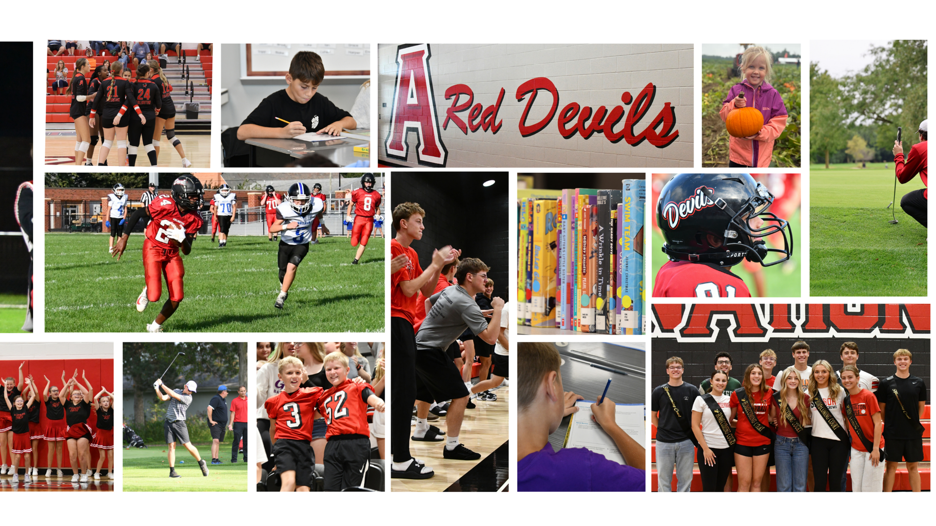 A variety of school-related images featuring sports, cheerleading, and academic activities.