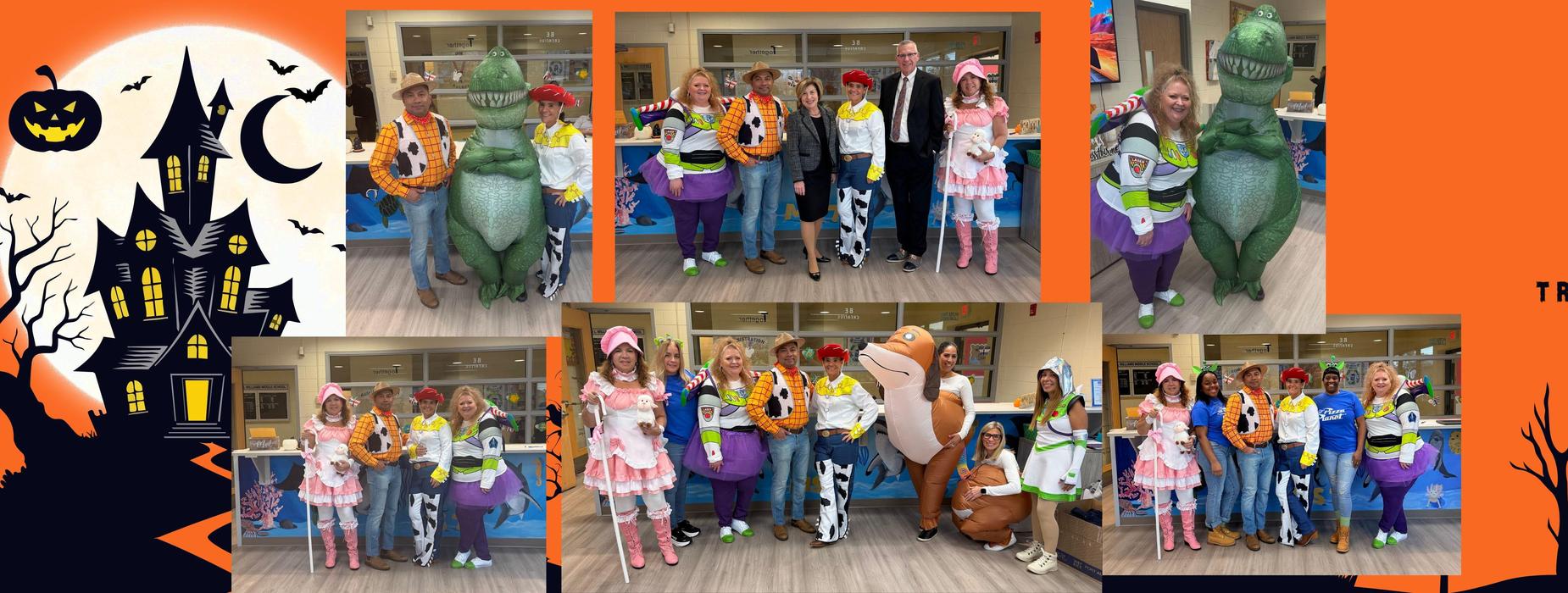 Group of people in costumes, celebrating Halloween with a playful theme.