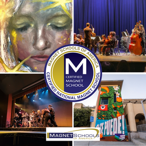 four squares, each one showing a different area of the arts: music, theater, visual arts, and the front of the school. In the middle is a round badge noting our national certification