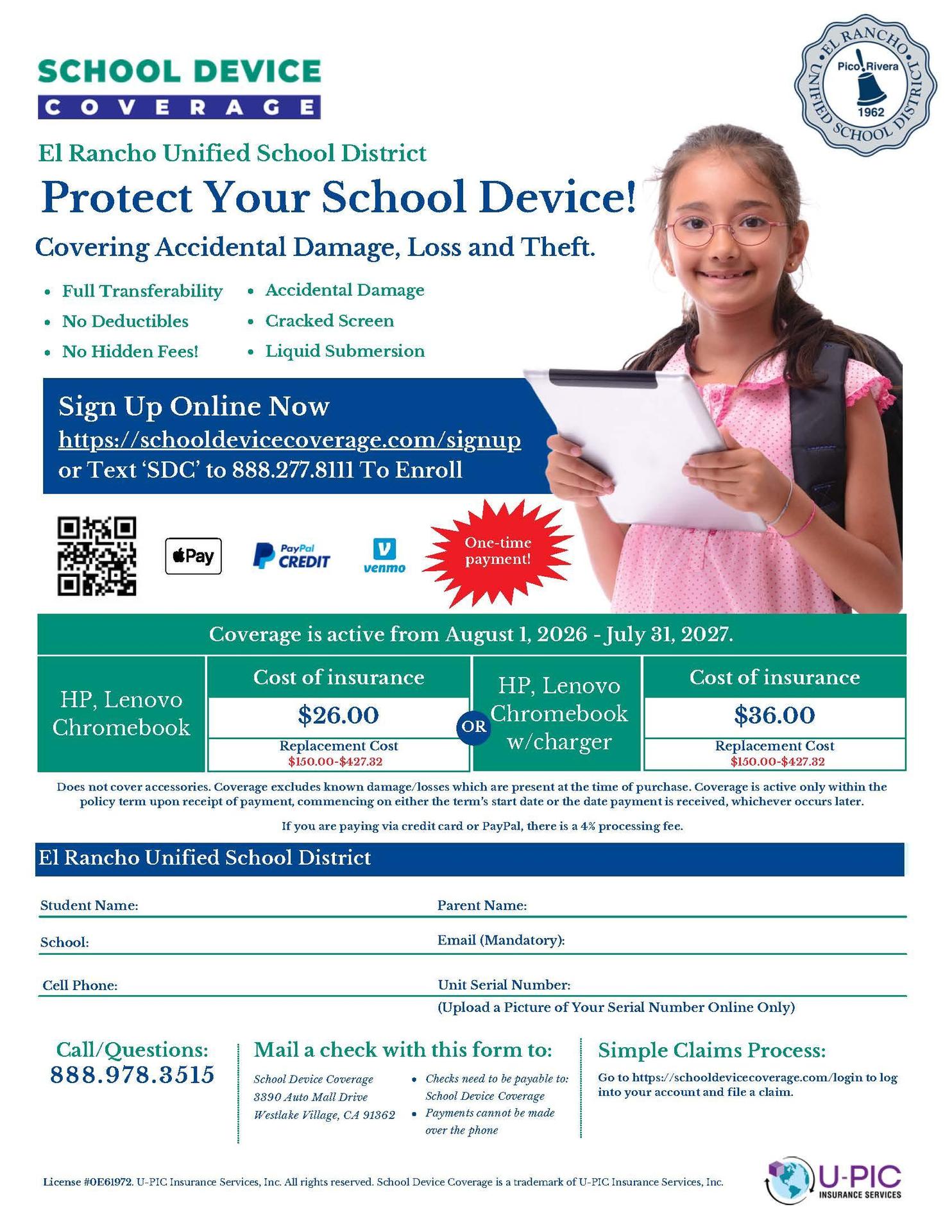 School Device Coverage flyer for ERUSD student devices.