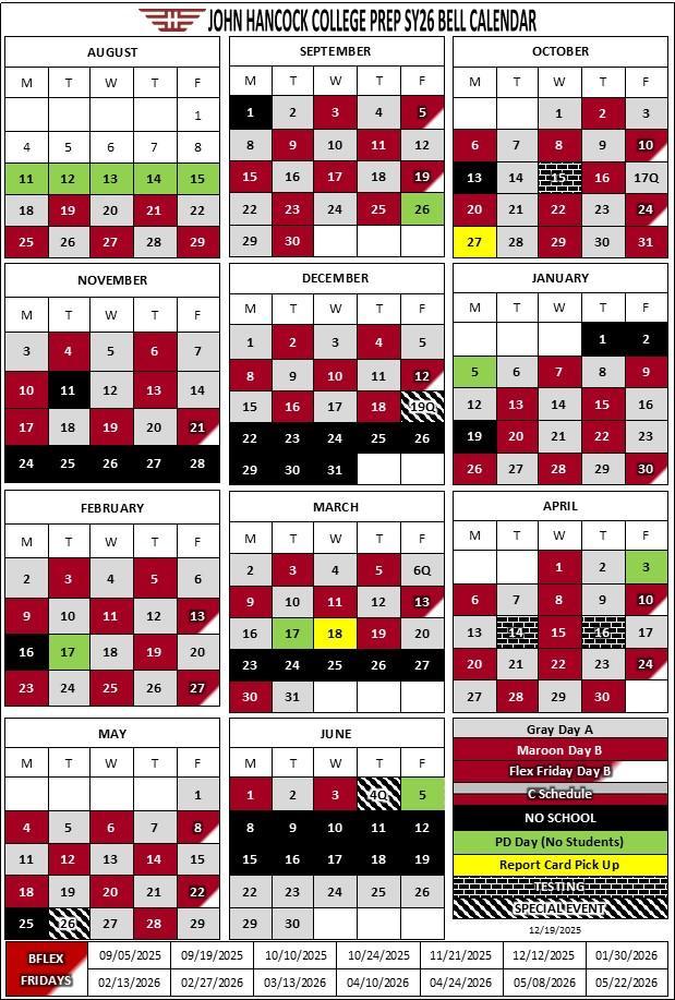 This is the bell schedule for the 2025 2026 school year at John Hancock College Prep High School in Chicago, IL