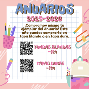 Anuarios 2025-2026: tapa blanda $24; tapa dura $34. Incluye códigos QR para realizar pedidos.