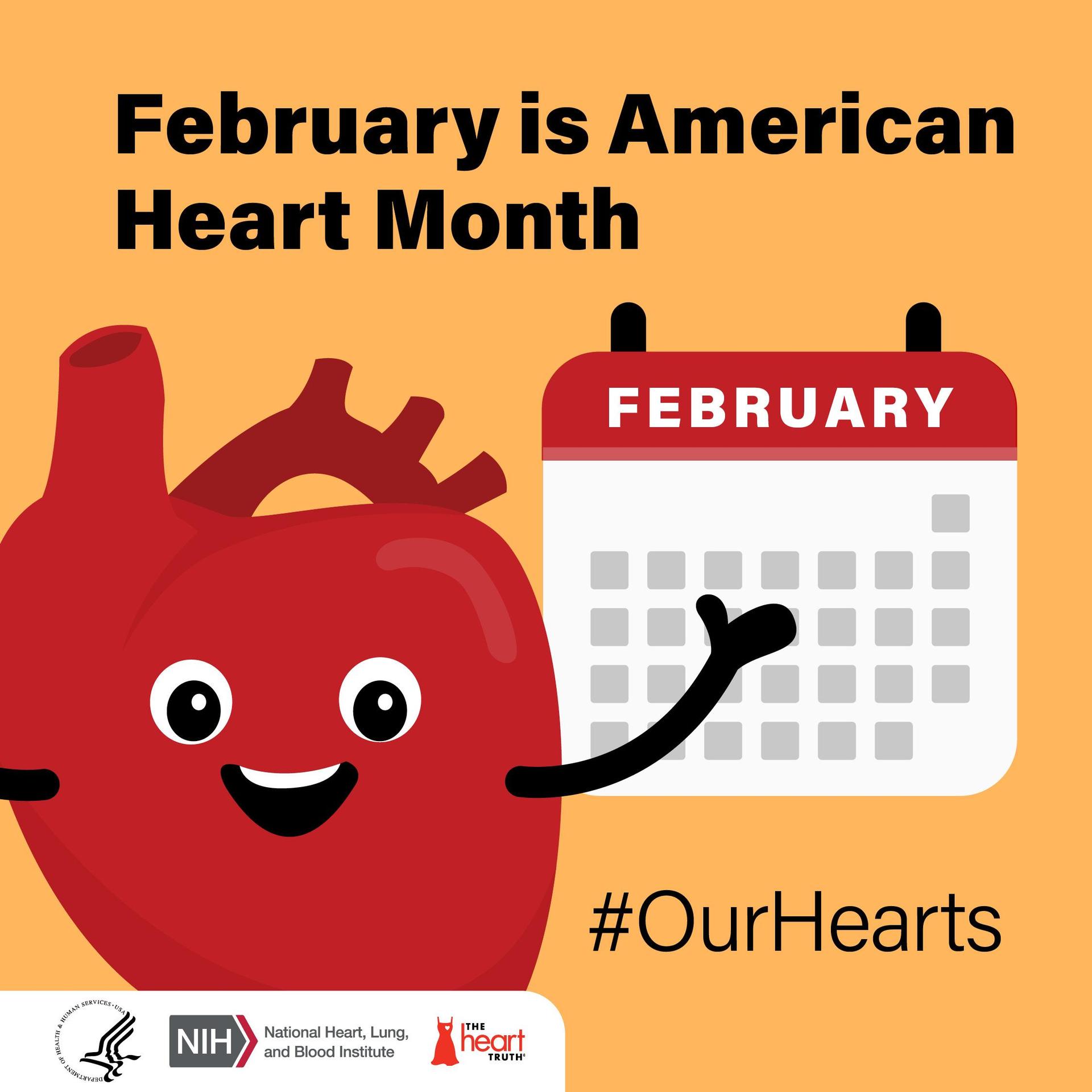 Cartoon heart with calendar for American Heart Month