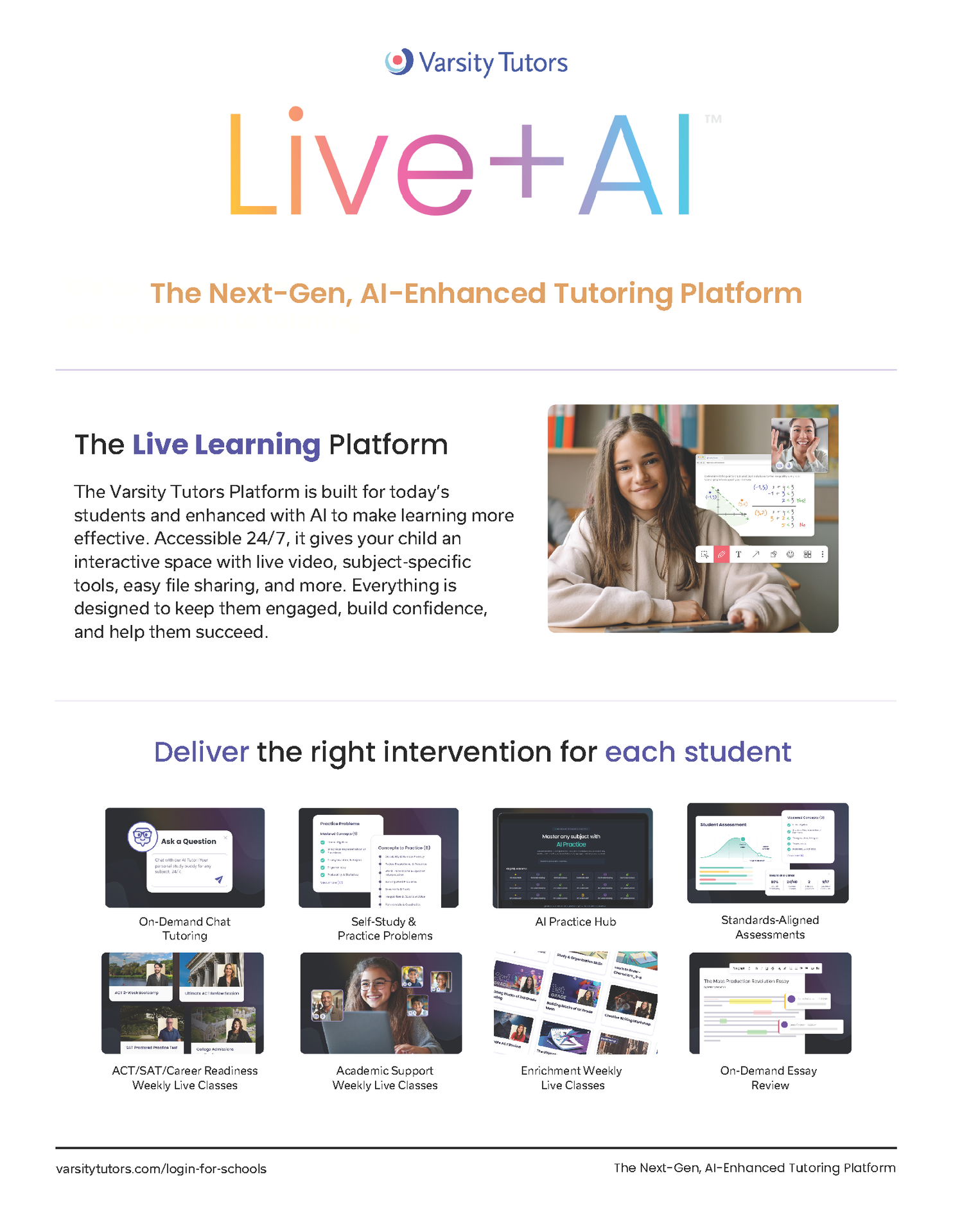 girl in front of a copmuter with informaiton about living learning platform by Varsity Tutors