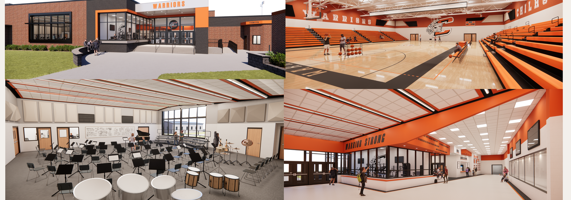 Architectural renderings illustrating the proposed new school facility project at Chilhowie High School.