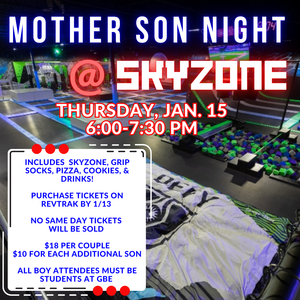Indoor space at SkyZone featuring colorful trampolines, foam pits, and event details.