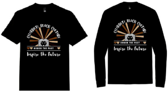BSU shirt, short sleeved and long sleeved. Reads, "Celebrate Black Culture. Honor the past, inspire the future" -- a lion with shades of brown rays behind it