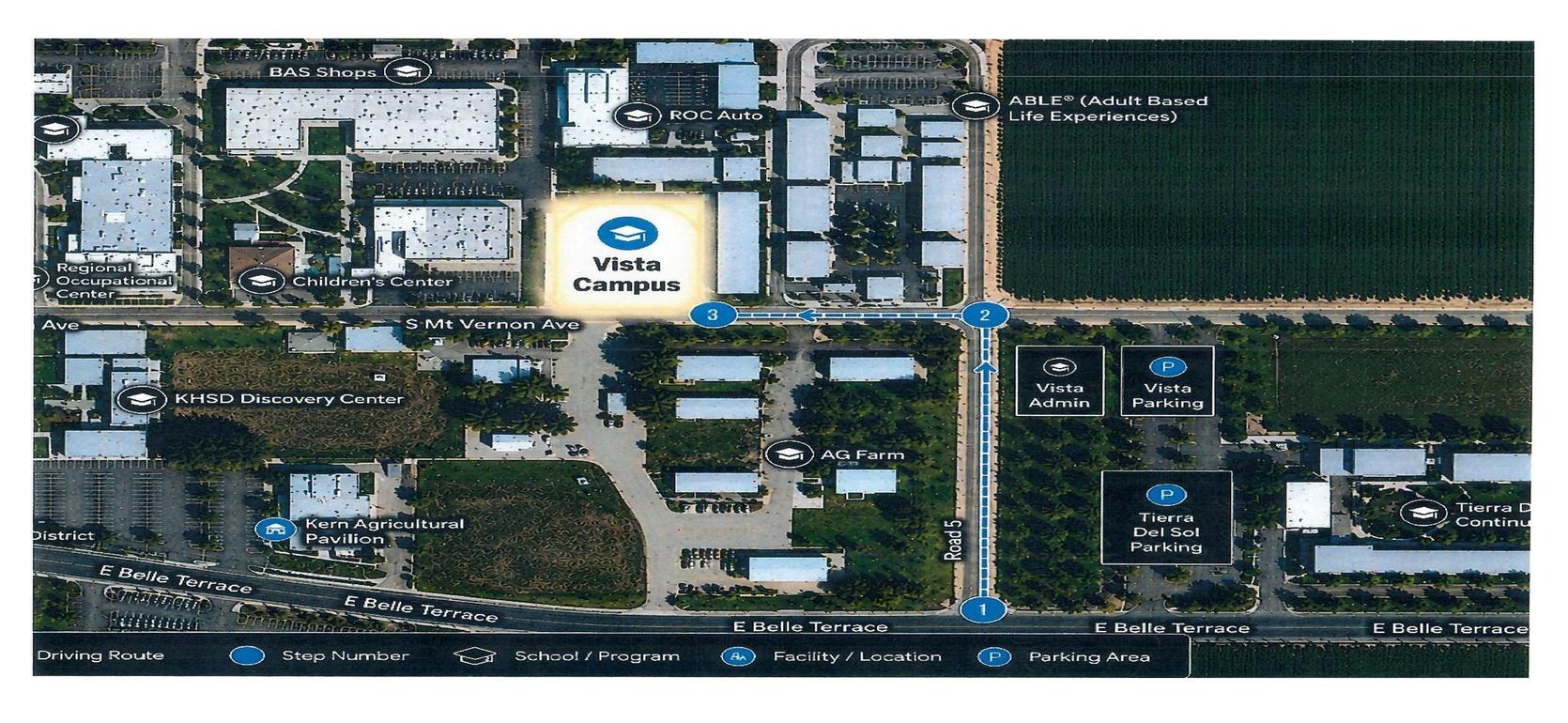 Map of Vista Campus with marked buildings and parking areas.