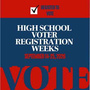 Red white and blue graphic with text: Register to Vote!