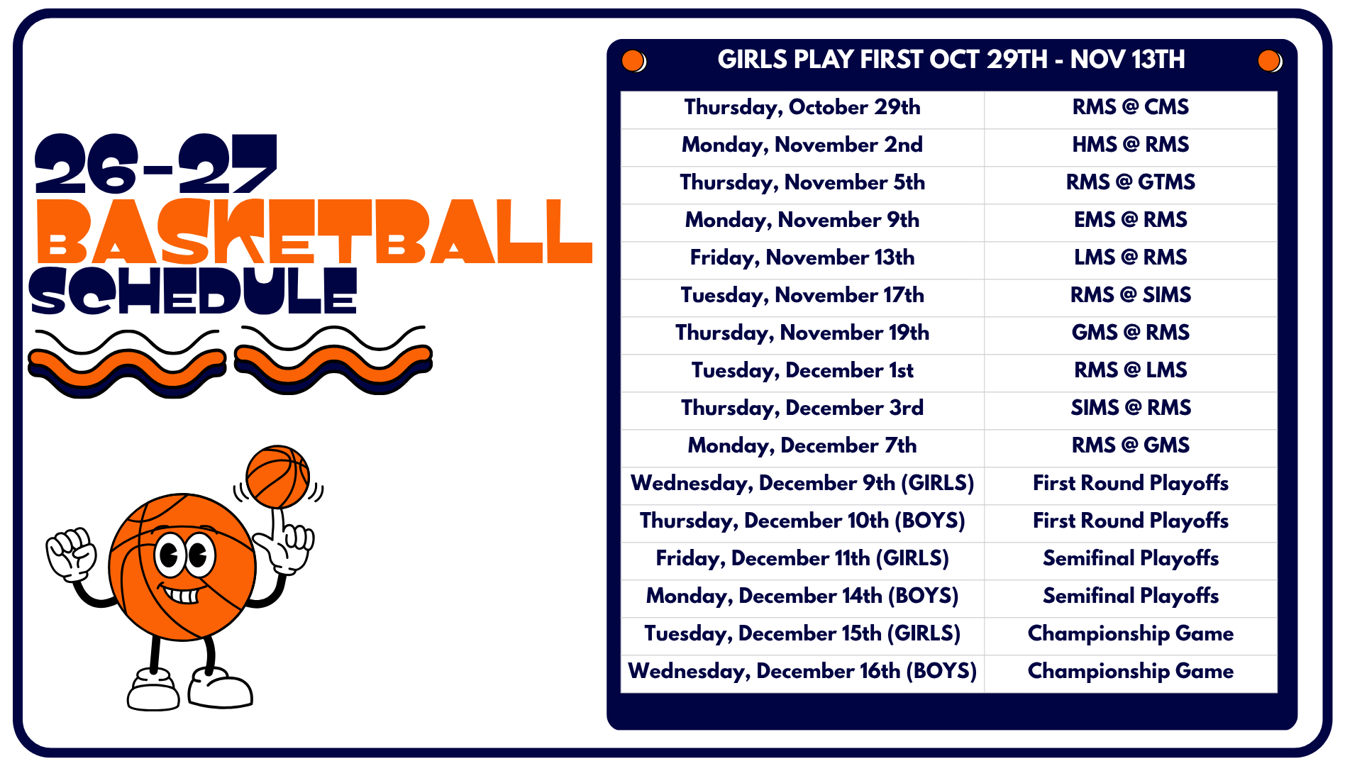 Basketball schedule for girls' games from October 29 to December 16, 2026.