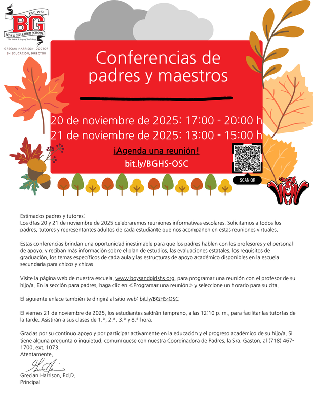 BGHS Letter to Parents for Open School Conferences - November 21-22, 2025 Spanish
