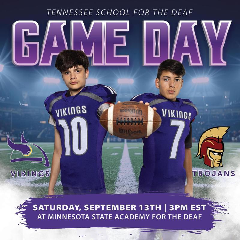 Football flyer against Minnesota State Academy of the Deaf on September 13, 2025, at 3:00 PM EST.