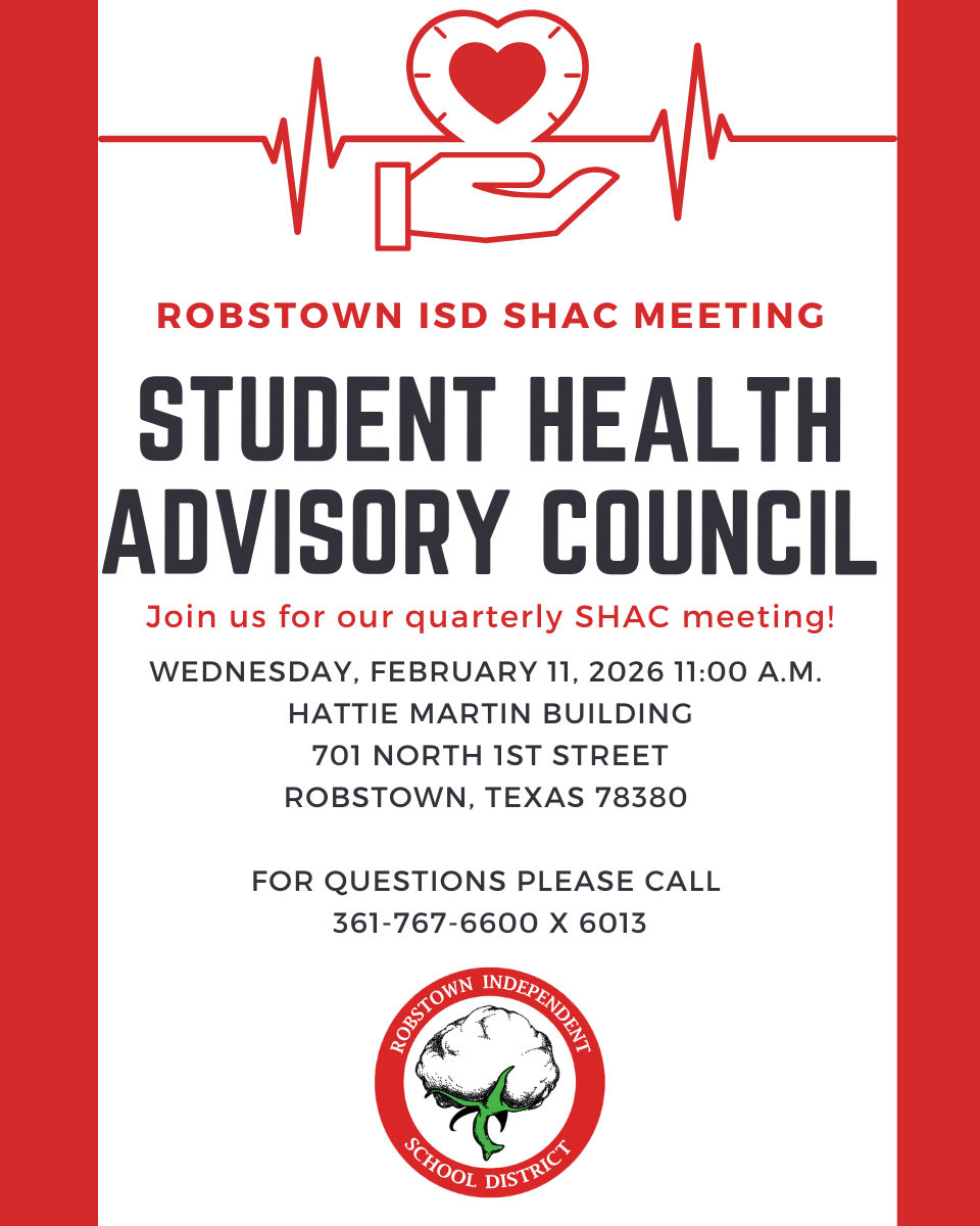 Red poster announcing a health advisory council meeting with a heart graphic.
