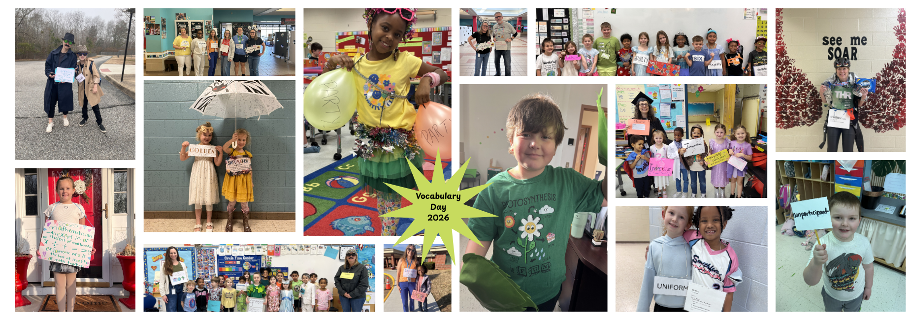 Collage of students celebrating Vocabulary Day with posters and themed outfits.