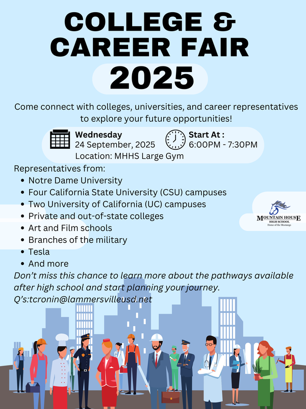 Mountain House High School College & Career Fair, Wed 9/24