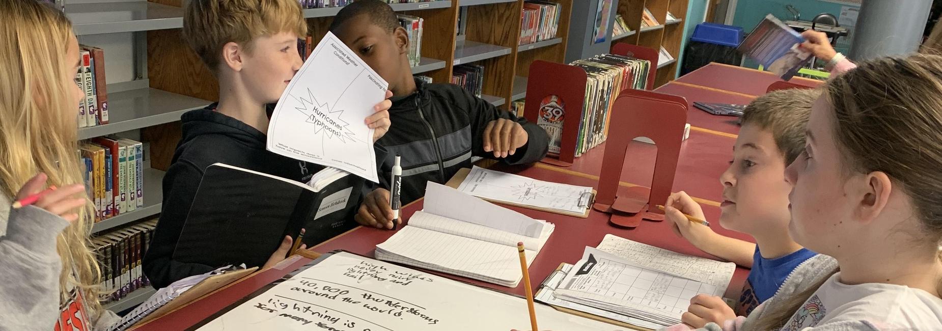 Students collaborating around a table filled with papers and a whiteboard sketch.