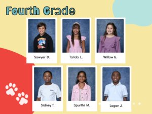 yellow background with red and aqua shapes, student pictures