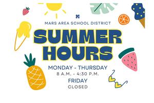 Summer hours announcement with fruit and ice cream graphics.