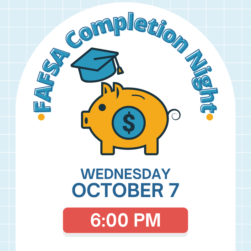 blue grid background with piggy bank and graduation cap graphic