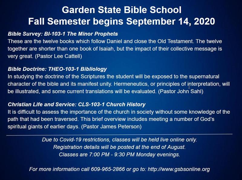 Garden State Bible School begins Sept. 14, 2020 Featured Photo