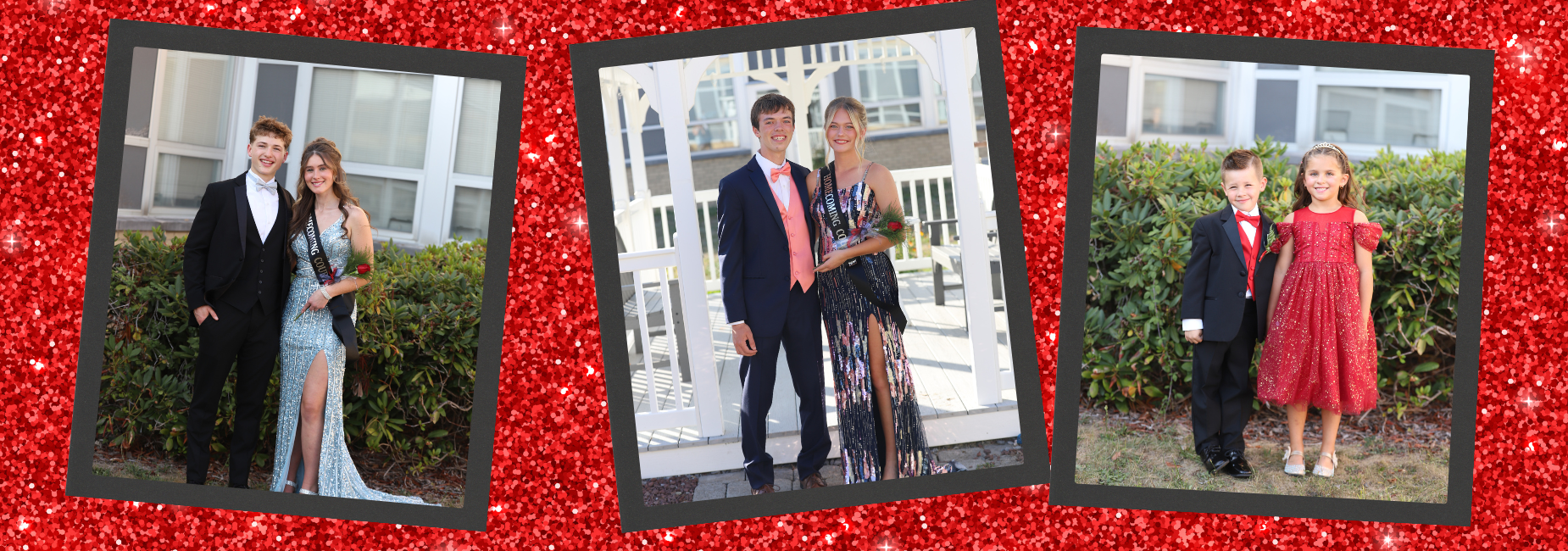 Three couples stand together in formal attire with a festive background.
