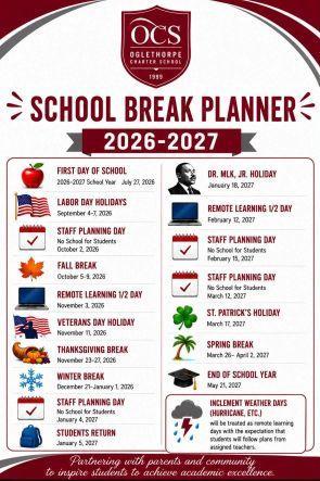 School Break Planner 26-27 showing calendar highlights