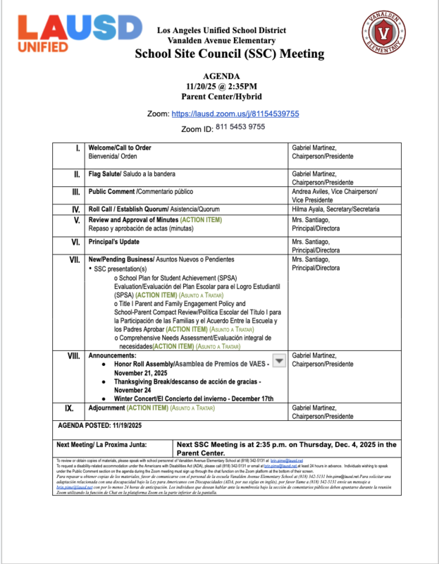 School Site Council Meeting Agenda for Nov. 20, 2025 Featured Photo