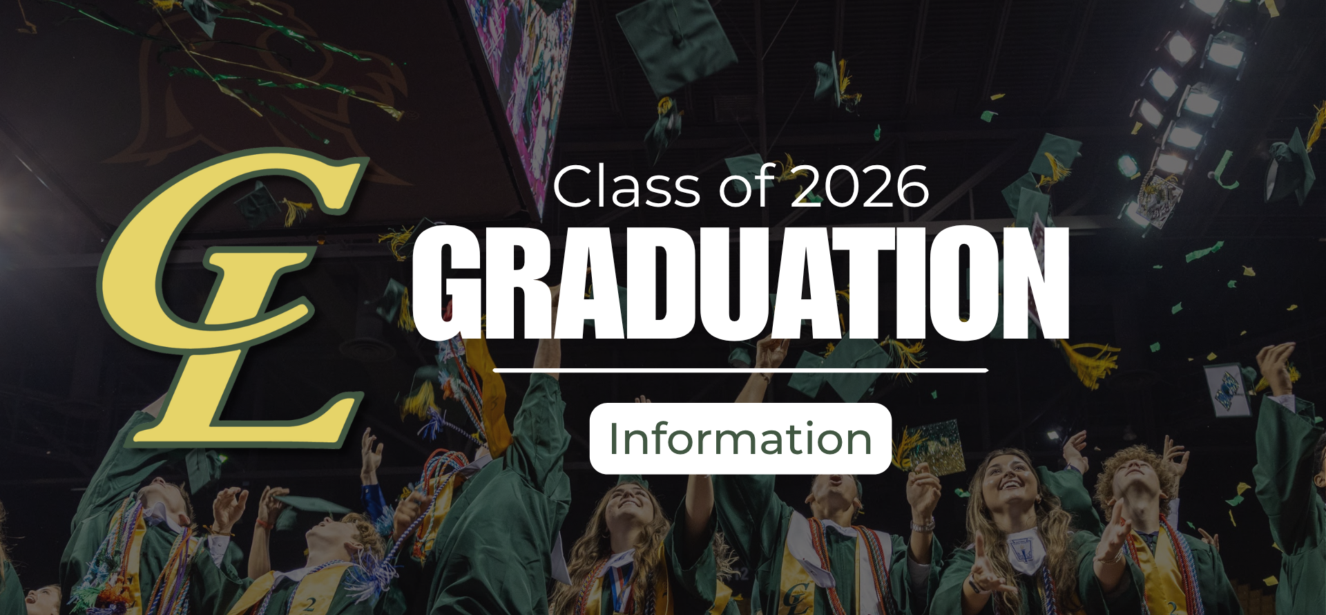 Graduation event banner for Class of 2026 with celebratory students.
