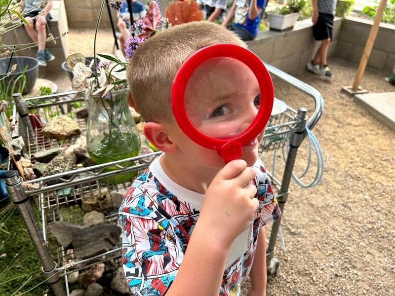 kindergarten boy looking through magnifying glass