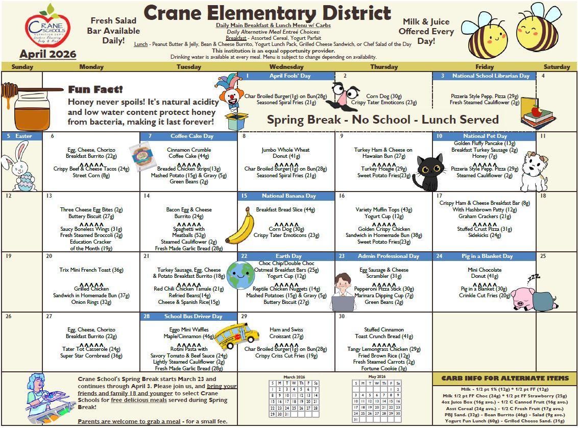 Crane Schools April 2026 Menu