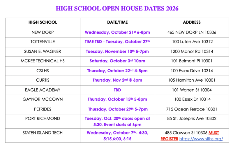 dates and times for High School open houses