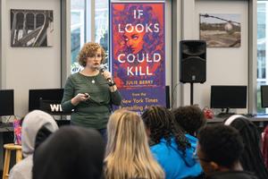 Julie Berry speaks with students