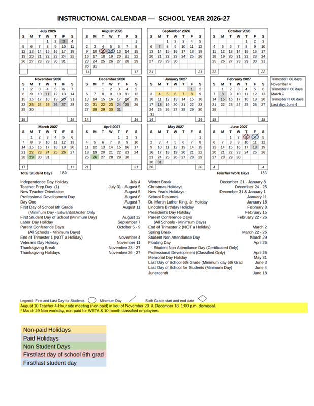 School calendar for the year 2026-27 with months, dates, and holidays listed.
