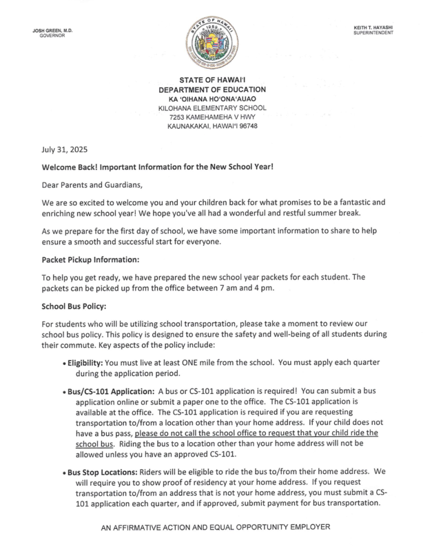 Beginning of the Year Packets and Important School Bus Policy Featured Photo