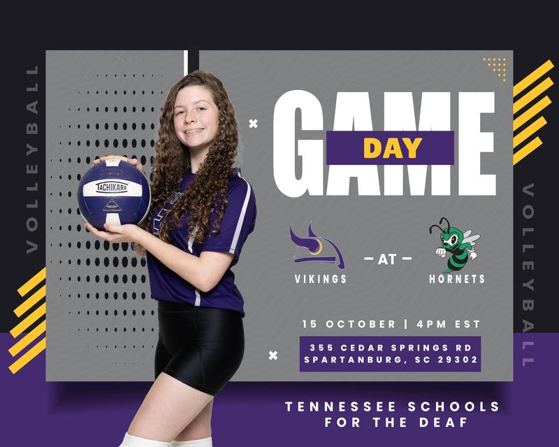 Girl holding a volleyball, promoting a volleyball game event details.