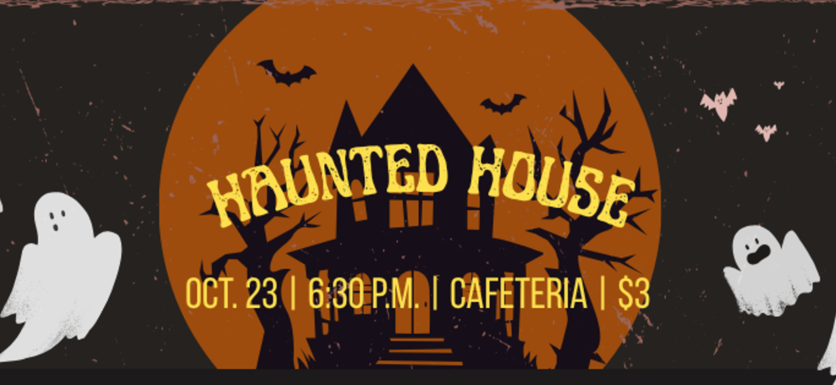 A haunted house invitation featuring a spooky background with ghosts and bats.
