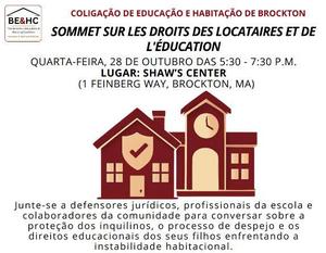 Graphic featuring a school and home for the tenant & educational rights summit on October 28 from 5:30-7:30 pm at the Shaws Center