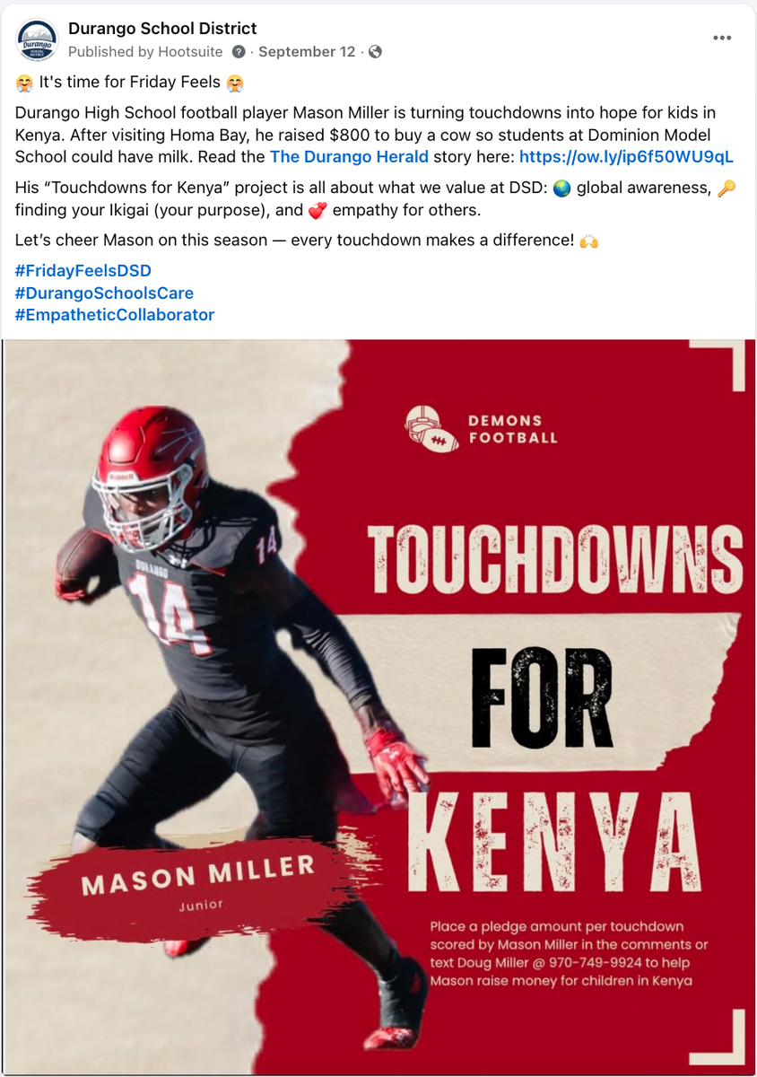 facebook post snip on football player's charitable work