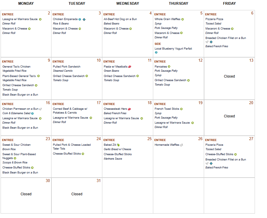 March 2026 Lunch Menu - Meal Options