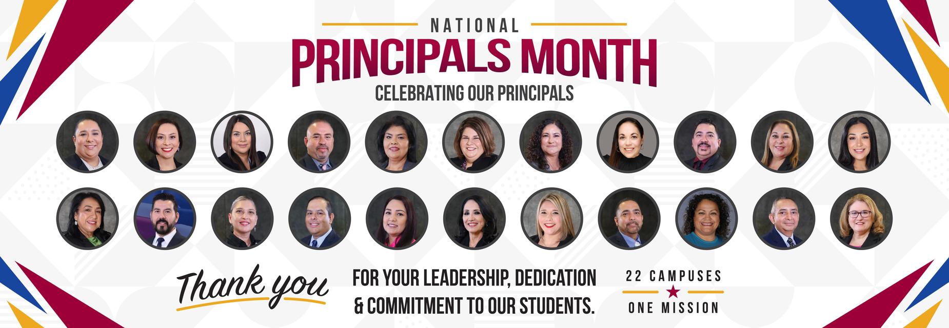 Mission CISD graphic celebrating National Principals Month with headshots of 22 campus principals, thanking them for their leadership, dedication, and commitment to students.