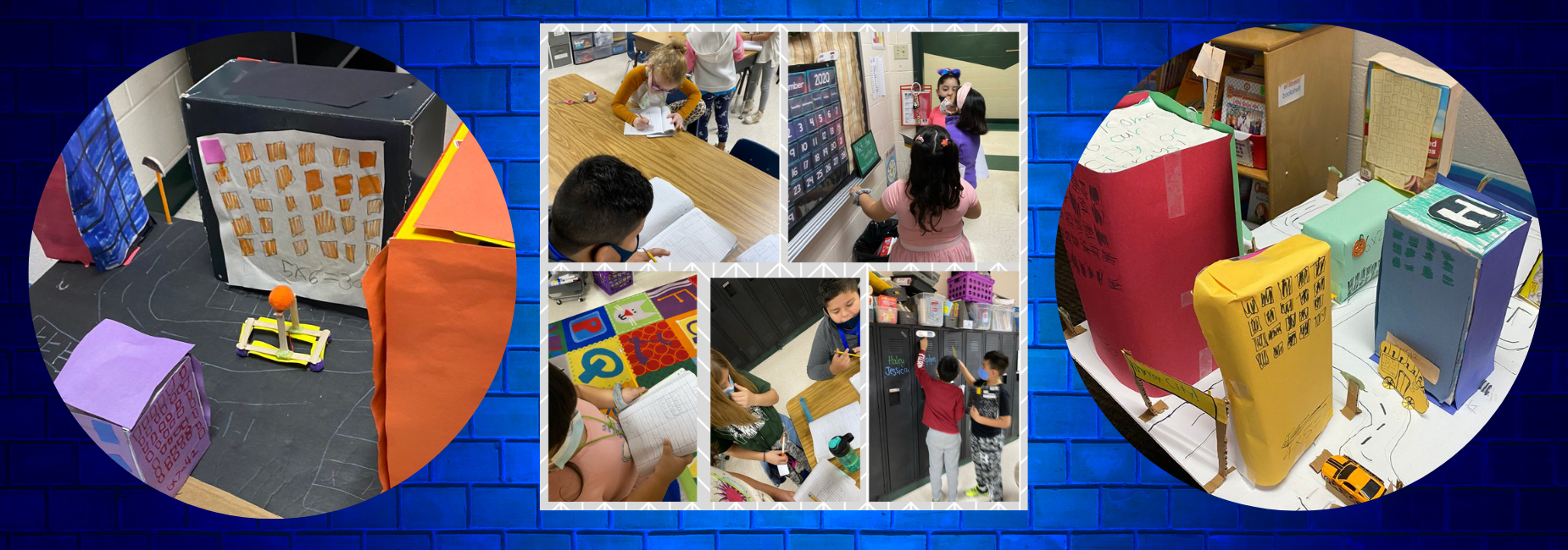 collage of students busy in class & cardboard cityscapes they made